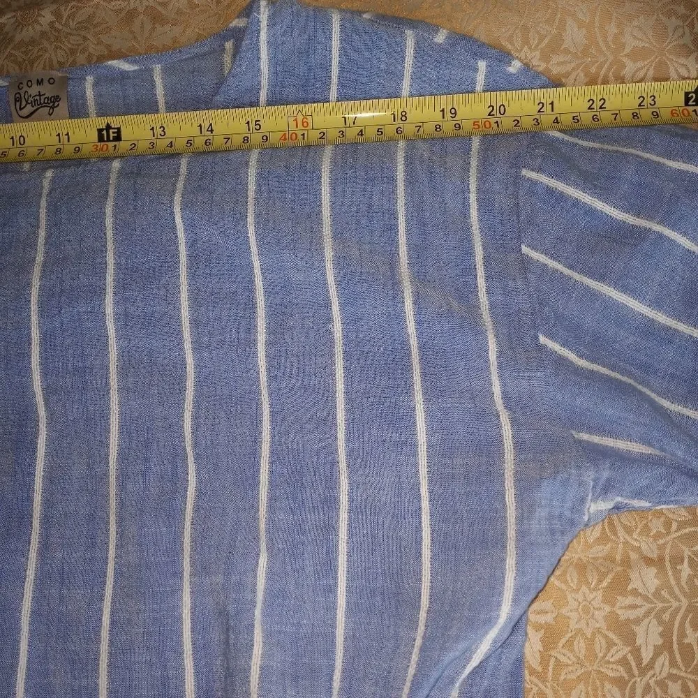 COMO Vintage Striped Blue White Dropped Shortsleeves Cotton Rayon Women's Top